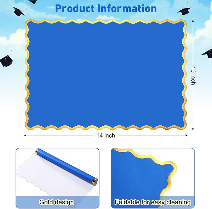 FoldTier 150 Pcs Disposable Paper Placemats Bulk 10"x14" Rectangle Place Mats with Scalloped Edges Dining Table Mat for Wedding Birthday Party Table Decoration(Blue)