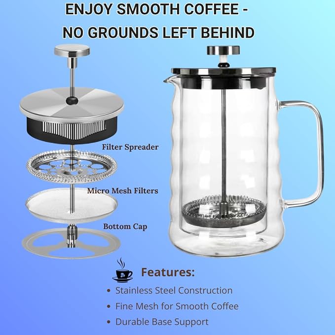 Glass French Press Coffee Maker, Heat Resistant Borosilicate Glass (22oz Wavy)