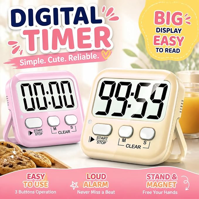 2 Pack Digital Timer for Kids Classroom Kitchen Timers for Cooking | w/ Battery, Easy to View, Alarm, Mute Mode, Count Down/Up, Magnetic, Kickstand, Hanging, Classroom Timer for Teacher Supplies