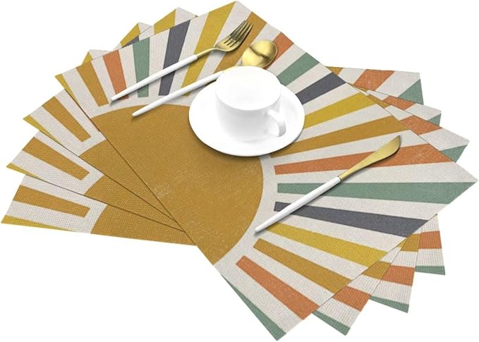 Summer Boho Placemats Set of 4, Yellow Stripes Sunshine Decorative Table Mat 12 x 18 Inch Heat Resistant Non Slip Line Fabric Rainbow Sun Place mat for Holiday Party Kitchen Dining Decor