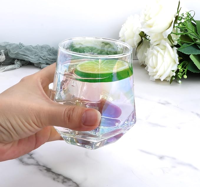 Diamond Wine Glasses Set of 8, Iridescent Stemless Wine Glass 10oz | Geometric Christmas Red Wine Glassware, White Wine Party Glass Cups, Bourbon, Whiskey, Wedding