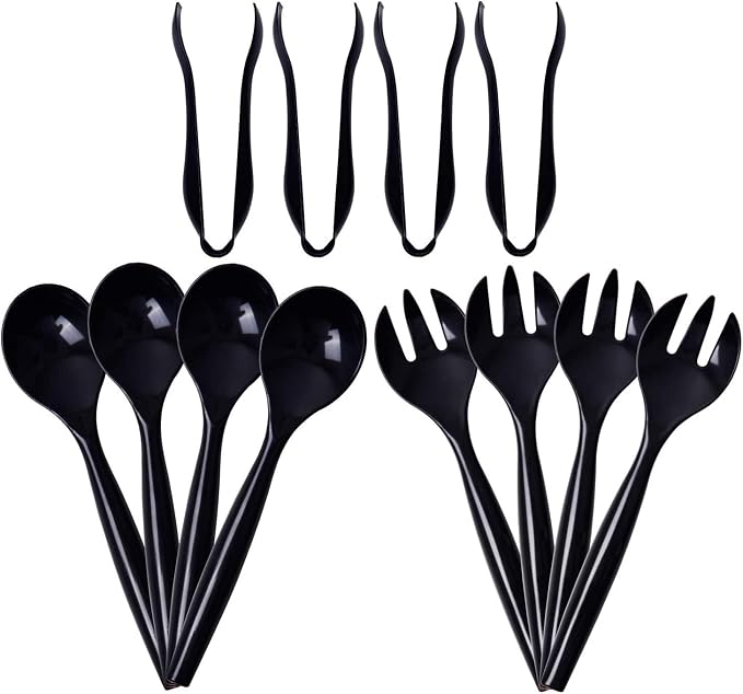 72pcs Black Plastic Serving Utensils Set for Parties & Buffet | 24 Serving Spoons(10"), 24 Forks(10") & 24 Tongs(6"), Black Disposable Serving Utensils for Buffet, Catering, Weddings & BBQs