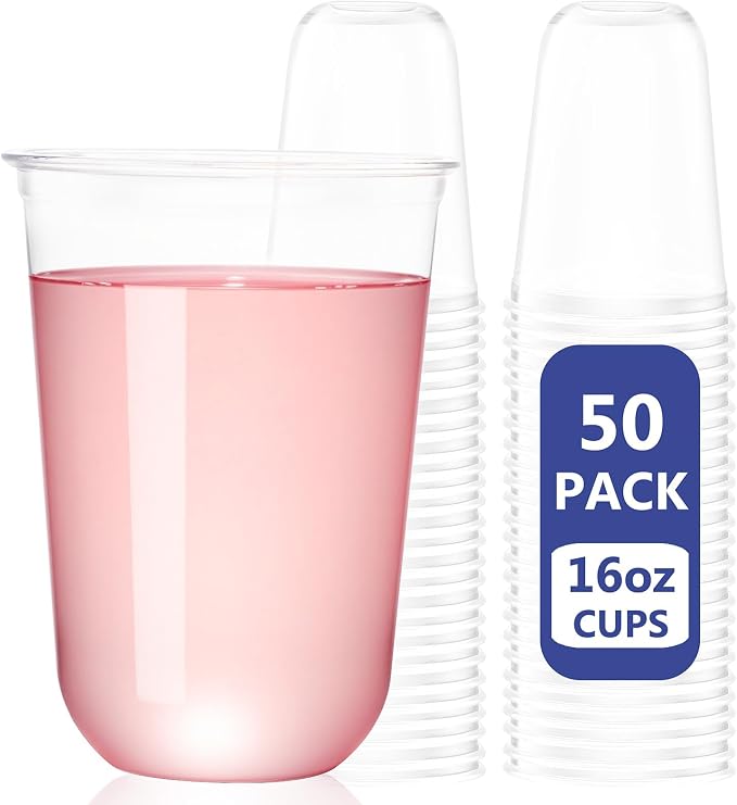WELLIFE 50 Pcs 16 oz Clear Plastic Cups | Disposable Wine Glasses Stemless Cocktail Punch Cups for Cold Drinking Party Supplies, Halloween Thanksgiving Christmas