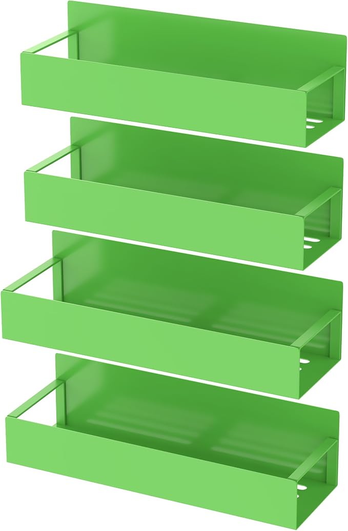 Metal Magnetic Spice Rack for Refrigerator Green, 4 Pack | Magnetic Shelves Heavy Duty for Fridge in Kitchen, Seasoning Storage Organizer, For Oven Washer and Dryer, For Heavier Items