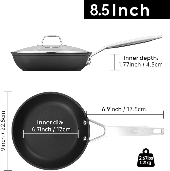 MsMk 8.5 Inch Small Nonstick Frying pan with Lid, Egg Omelet Skillet | Non Toxic, Even Heating, Easy Clean, Dishwasher & Oven Safe, suitable for gas & electric & induction stoves, PFOA & PFAS Free