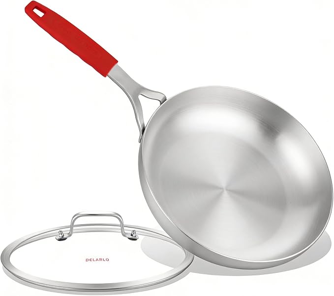 DELARLO Tri-Ply Stainless Steel Frying Pan 12.2" kitchen skillet | Stainless Steel Pan Cooking Heat fast and evenly Compatible with All Cooktops Dishwasher and Oven Safe