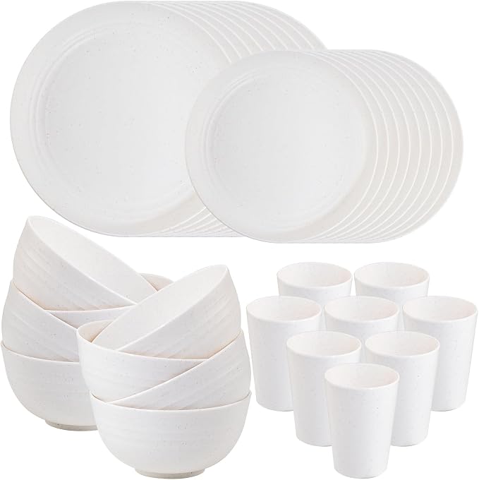 32pcs White Wheat Straw Dinnerware Set,Plates and Bowls Sets for 8 | Reusable Plastic Plates,White Plastic Dinnerware Set | Includes Disposable Plates bowls Cups for Camping,Picnic,Patio,Travel