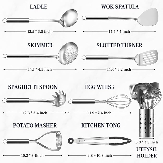 Pleafind Cooking Utensils Set - 9 PCS Stainless Steel Kitchen Utensils Set with Utensil Holder, Heat Resistant Wok Utensils Set, Kitchen Tools Set with Spatula, Ladle, Slotted Spoon, Dishwasher Safe