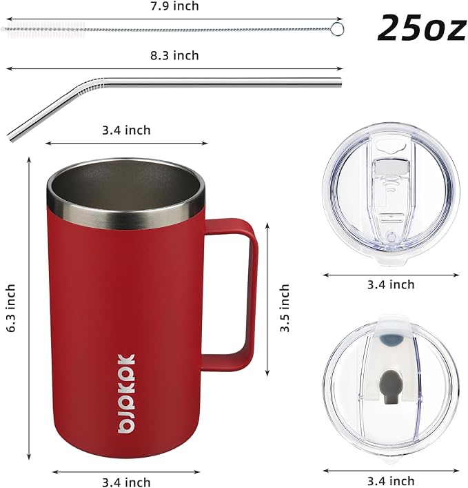 BJPKPK 25oz Insulated Coffee Mug with Handle, Stainless Steel Travel Mug | Keeps Drinks Hot & Cold, Double Wall Vacuum, 2 Lids Included, BPA-Free Coffee Tumbler for Home, Office & Travel