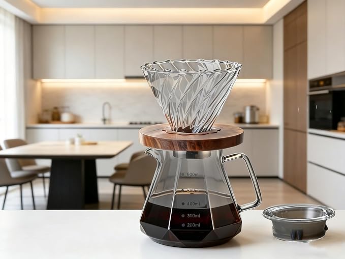 BeeCa Manual pour over coffee maker, Heat Resistant Glass | 20Oz+50 Filters 1-4 Cup, Gray Diamond-Shaped, No plastic taste, Dishwasher safe, Borosilicate glass