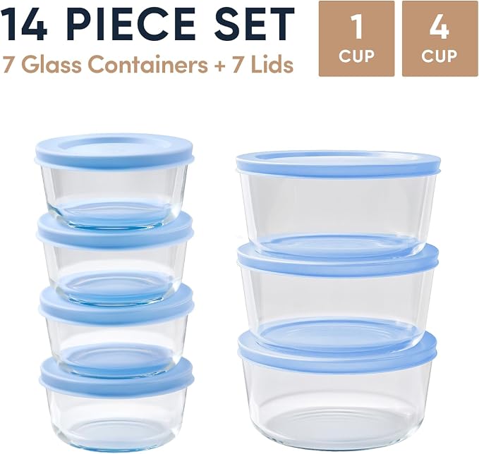 14-Piece Glass Food Storage Containers Set (7 Containers + 7 BPA-Free Lids) | 1-Cup & 4-Cup, Leakproof | Microwave, Freezer, Oven & Dishwasher Safe | Ideal for Meal Prep & Pantry Organization, Blue