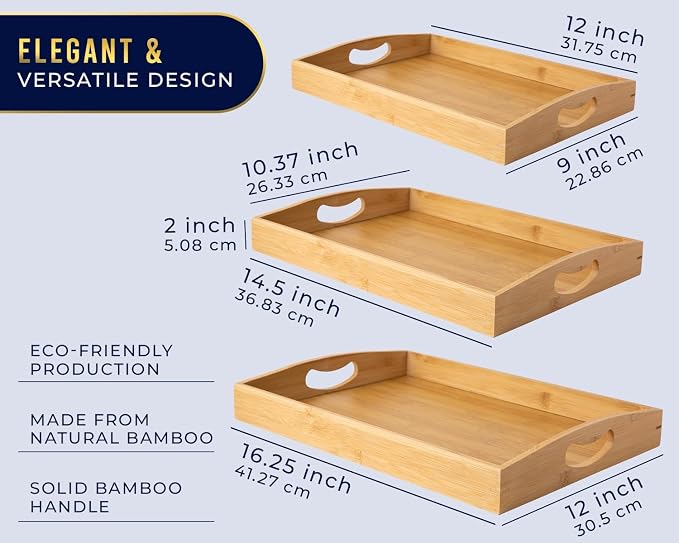 Comfify Bamboo Serving Trays – Set of 3 Ottoman Trays for Food, Entertaining, and Decor – Minimalist Design | Natural bamboo wood; for coffee table, breakfast tray and bathroom organizer; S: 12", M: 14.5", L: 16.25" – hand wash only