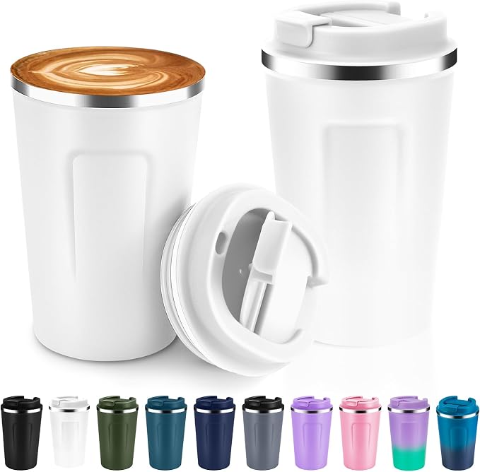 Volhoply 12 oz Double Wall Insulated Vacuum Travel Coffee Mugs with Flip Lid Bulk 2 Pack,Reusable Stainless Steel Leak Proof Coffee Cup,Portable Cafe Thermal Tumbler for Hot & Cold Drinks(White,2 Set)