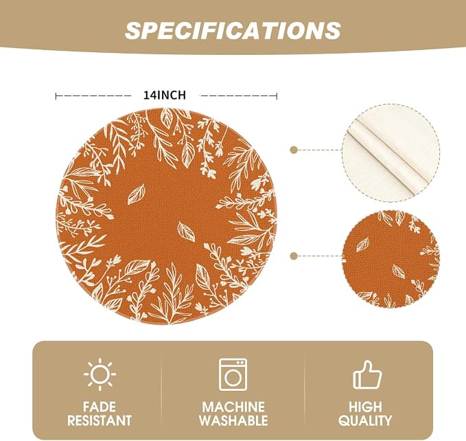 Artoid Mode Eucalyptus Leaves Round Fall Placemats Set of 8-14 Inch | Heat-Resistant, Washable Table Mats, Seasonal Autumn Kitchen Dining Decor