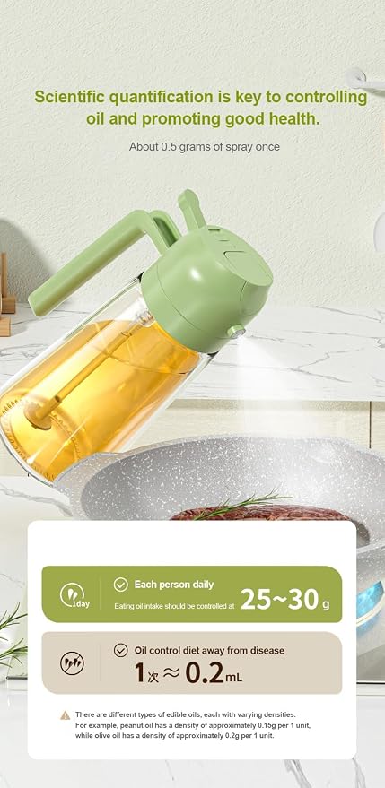 Glass Olive Oil Sprayer 16oz/470ml – 2-in-1 Oil Dispenser & Spray Bottle for Cooking, Portion Control, Salad, Air Fryer, BBQ – Leak-Proof, Fine Mist Bottle with 6 Decorative Labels (Green)