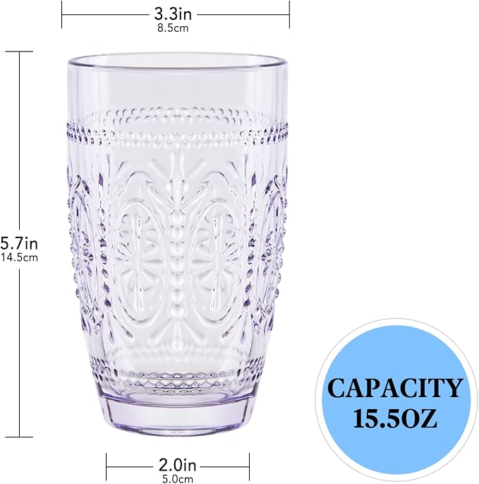 Colored Vintage Drinking Glasses Set of 4, 15.5 oz Romantic Embossed Water Glasses, Colored Tumblers Tempered Glass for Juice, Beverages, Beer, Cocktail