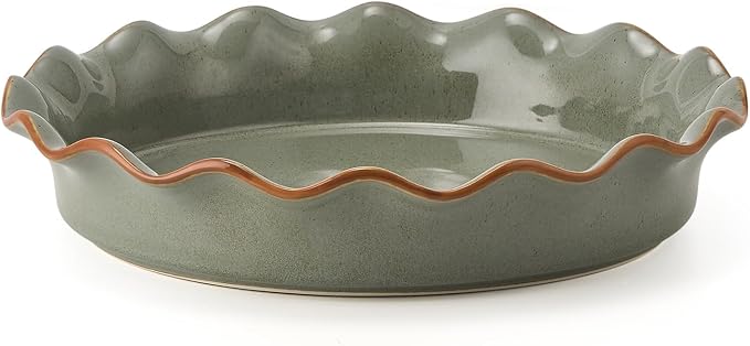 Ceramic Pie Pan for Baking[10.5 inch],Reusable NonStick Ceramic Baking Dish | Reusable NonStick Ceramic Pie Plate with Ruffled Edge,Deep and Fluted Pie Dish for Apple Pie,Quiche,Pot Pie, Tart, etc（Green）
