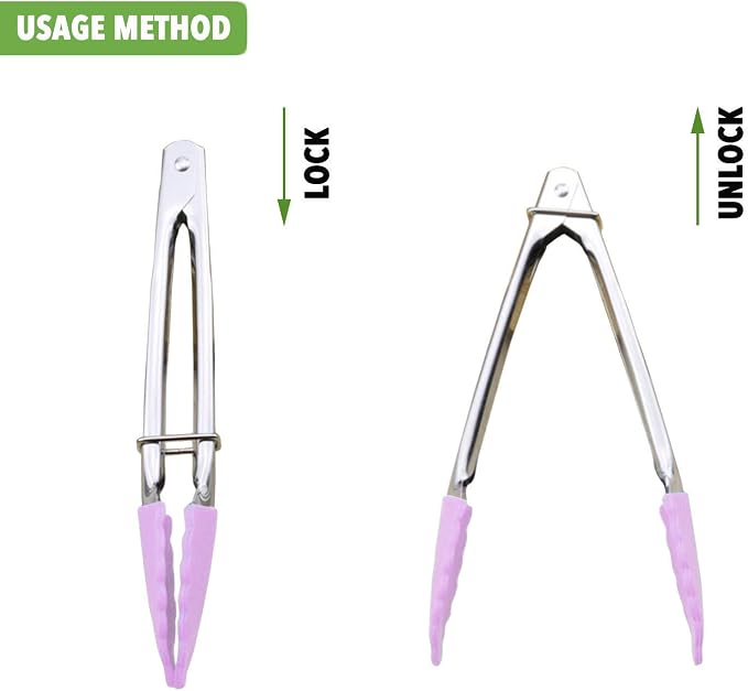 HINMAY 7-Inch Serving Tongs with Silicone Tips, Set of 3 (Pink) | 7-Inch Clam Shell Mini Tongs