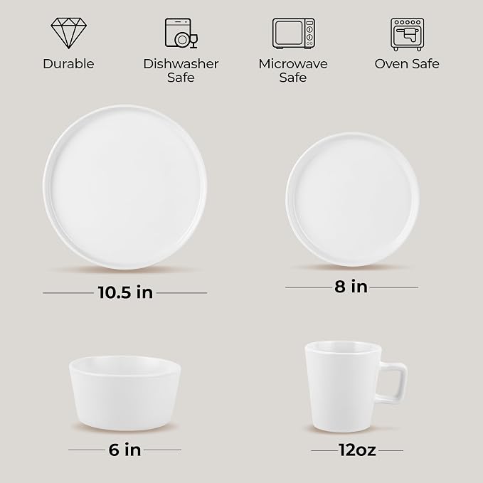 Zulay Kitchen Terra Plates and Bowls Sets, 16 Piece Modern Stoneware Dish Set for 4, Chip and Scratch Resistant Ceramic Dinnerware Set, Microwave and Dishwasher Safe, White