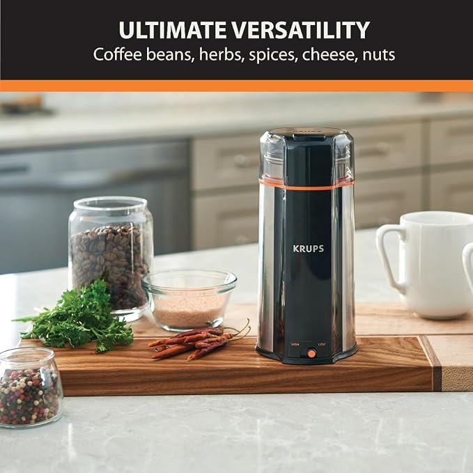 KRUPS Silent Vortex Coffee Grinder 2-Speed Removable Bowl | 8× quieter operation, Dishwasher-safe bowl with storage lid, 240 watts, Fits 12 cups,