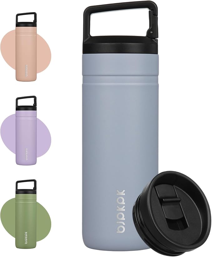 BJPKPK 20 oz Insulated Travel Water Bottle, Coffee Tumbler Stainless Steel | Double Wall Vacuum, Leakproof, Thermal, Keeps Hot/Cold, Dishwasher Safe, Spill Proof, Wide Mouth, 2 Lids, Haze Blue
