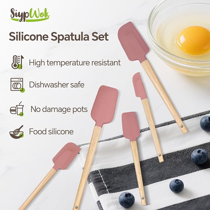 Silicone Spatula Set, Food Grade Rubber Spatula-5 Piece Nonstick Rubber Spatulas, Spoonula, Jar Scraper for Cooking, Baking, Mixing, Frosting - Heat Resistant Up to 600°F (5 Pcs Pink)