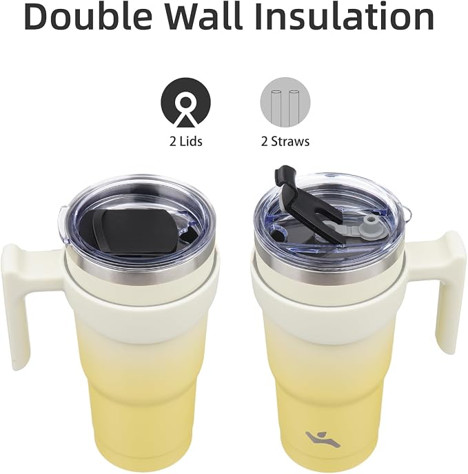 Konokyo 20 oz Tumbler with Handle and Straw, Insulated Travel Mug | Lemon; BPA-free, leak-proof tumbler with 2 lids, 2 straws, cup holder fit for coffee, office, travel & daily use