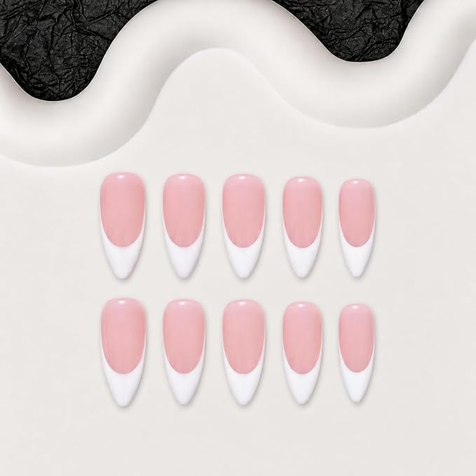 Luxury Handmade Press on Nails Medium Almond Fake Nails White French Tip False Nails Elegant Glossy Pink Stick on Nail Full Cover Muti-Layer Gel Thick Acrylic Nail for Women (M)