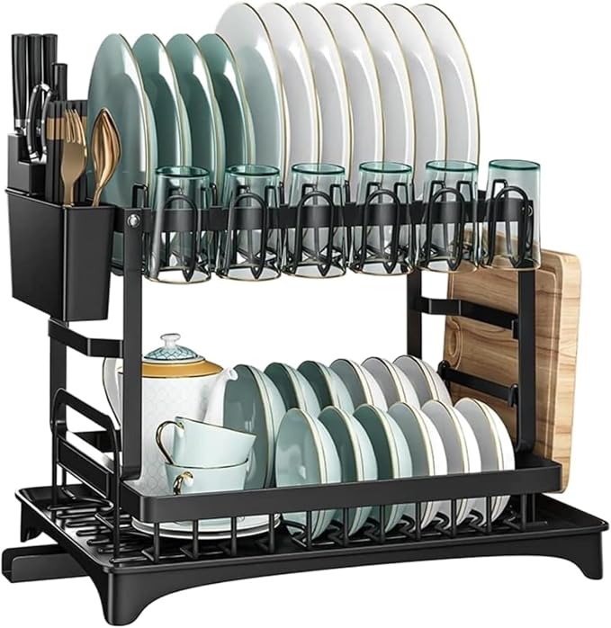 2 Tier Dish Drying Rack Stainless Steel with Auto Drainboard 360° Swivel Spout Large Capacity Kitchen Counter Organizer with Utensil Holder Cup Rack Knife Block Space Saving Black