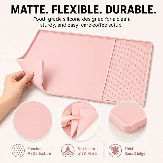 Silicone Coffee Mat 24 x 16 in with Tray, Soft Light Pink | Coffee bar mat for countertop use, coffee station mat or coffee machine mat with removable tray and 0.47 in raised rim.
