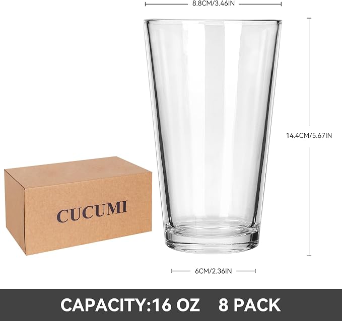 CUCUMI 8pcs 16oz Beer Pint Glasses | Drinking Glasses Set of 8 Highball Glasses Water Cups for Cold Beverages