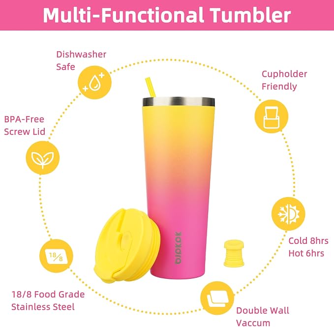 BJPKPK 26 oz Coffee Tumbler with Straw, Insulated Stainless Steel Cup | Double Wall Vacuum, Leak Proof Lid, Keeps Hot/Cold/Iced, BPA Free, Dishwasher Safe, Travel & Outdoor, Pink Yellow Rose