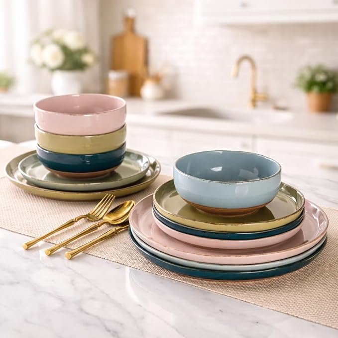 AmorArc Dinnerware Sets for 4, 12 Pieces Ceramic Plates and Bowls Set | Scratch Resistant Stoneware Dishes Set, Dishwasher & Microwave Safe, Colorful