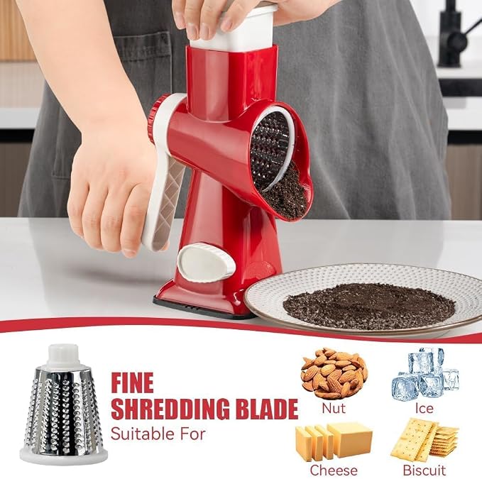 Rotary Cheese Grater Hand Crank Red - Shredder Slicer Grinder 3 Stainless Steel Blades, Stable Suction, Labor-Saving Handle, Safe Kitchen Tool for Cheese, Vegetable, Nuts, Chocolate