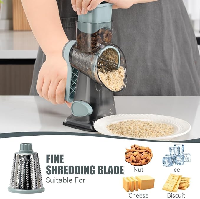 Rotary Cheese Grater Pro 6 in 1 - Shredder Crinkle Slicer Grinder Ice Shaver, Stable Suction, Time-saving Easy Use & Clean, Safe Morden Kitchen Tool for Cheese, Vegetable, Nuts, Chocolate