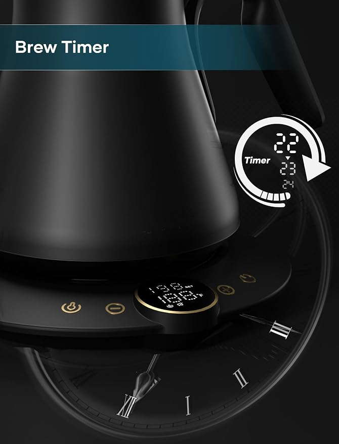 INTASTING Gooseneck Electric Kettle with ±1℉ Temperature Control 0.9 Liter | 1500W Quick Heating, Stainless Steel Inner, Pour Over Coffee & Tea, Keep Warm, Auto Shut-Off, Built-in Brew Timer, Black