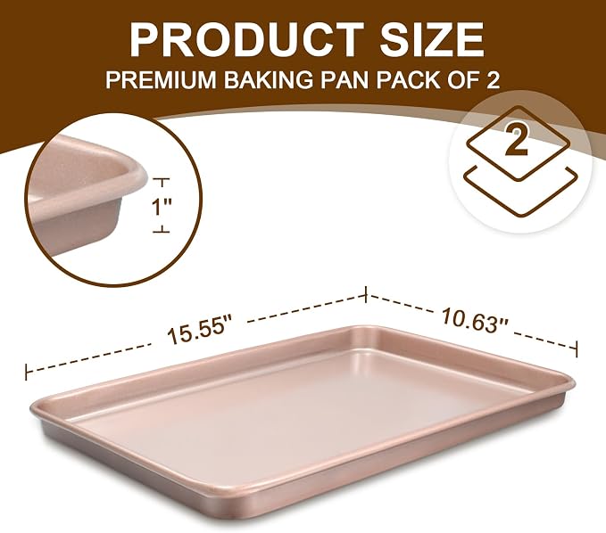 Wildone Baking Sheet Pan Set of 2, Nonstick Cookie Sheets for Baking | Thicker Carbon Steel Jelly Roll Pan Oven Tray 15x10 Inch, Heavy Duty & Easy Clean, Rose Gold