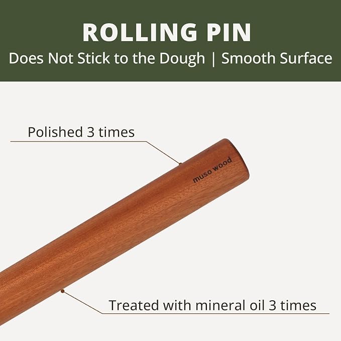muso wood Sapele Dowel Rolling Pin for Baking | Tapered Design, 17.5 inch, Ideal for Fondant, Pie Crust, Cookies & Pastry Making