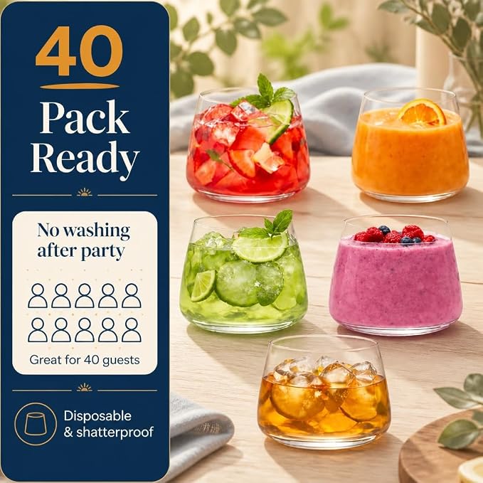Oojami 40 Pack Disposable Wine Glasses 12 oz Stemless Plastic Cocktail | Shatterproof BPA-Free Reusable Recyclable Cups for Wedding Party Birthday, Whiskey Champagne Mocktail, Unbreakable Clear 12oz