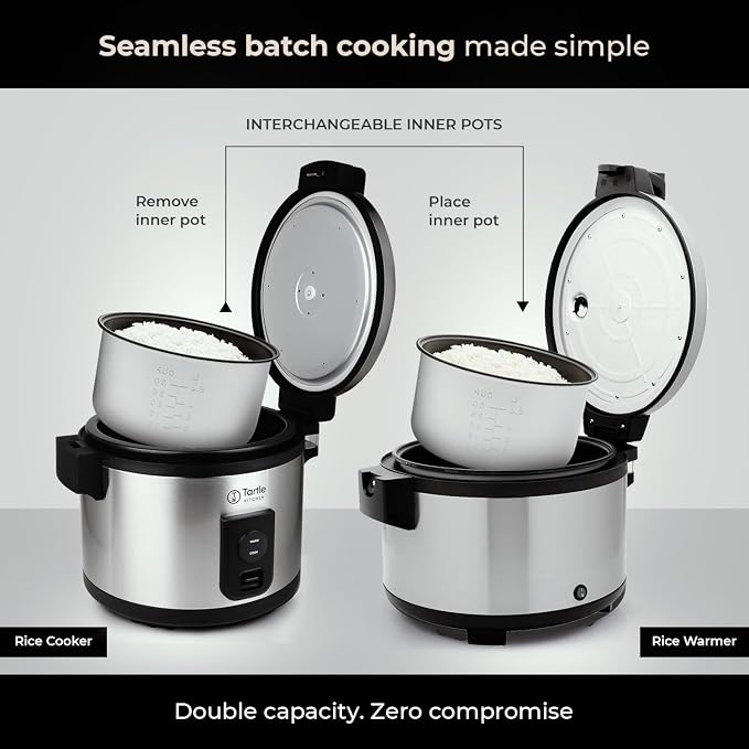 TK Commercial Rice Cooker 64 Cup - Large Capacity Nonstick Pot - Auto Warm | 32 uncooked cups ready in 45 min; 3D heating for evenly cooked rice; Stainless steel body; Swappable TK pot; Cup & scoop