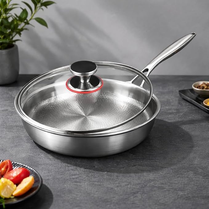 Titanium Frying Pan with Lid, 26cm Professional Stainless Steel Skillet, Nonstick Honeycomb Surface, Oven & Dishwasher Safe