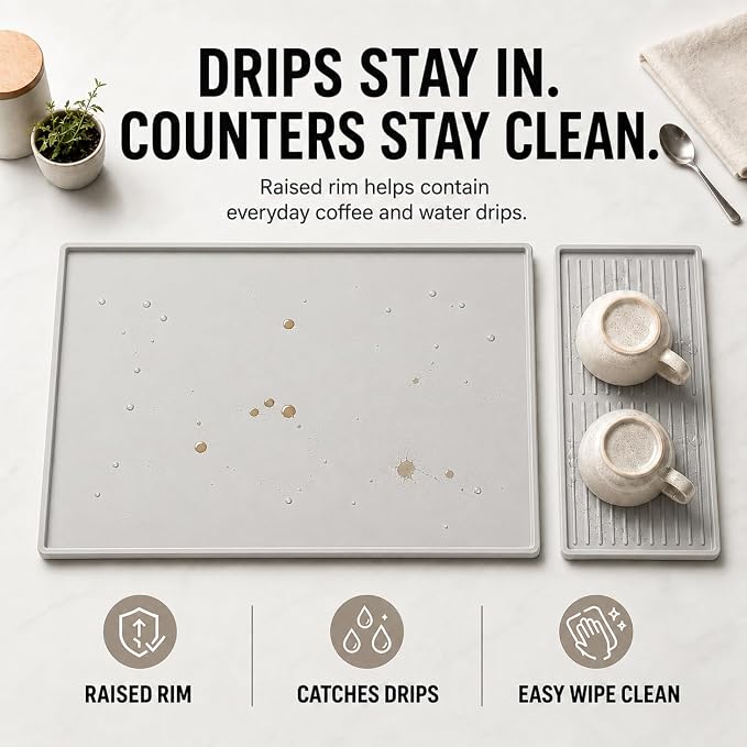 Silicone Coffee Mat 24 x 16 in with Tray, Minimal Light Gray | Coffee bar mat for countertop use, coffee station mat or coffee machine mat with removable tray and 0.47 in raised rim.