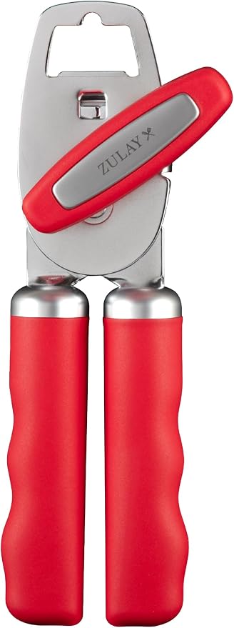 Zulay Kitchen Heavy Duty Stainless Steel Can Opener Manual with Bottle Opener - Rust Proof Manual Can Opener With Turn Knob & Comfy Soft Grip Handles - Cherry Red