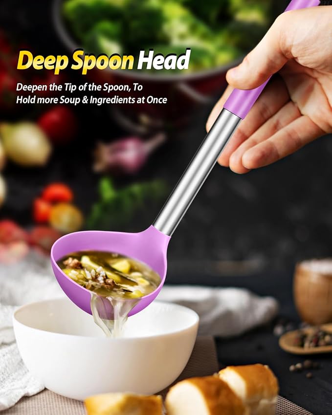 BUNDLEPRO Silicone Pasta Fork and Ladle Spoon Set, 2 Pack, Purple | Large Non Stick, High Heat Resistant Kitchen Utensils for Cooking,Stirring,Serving Spaghetti, Soup, Sauce
