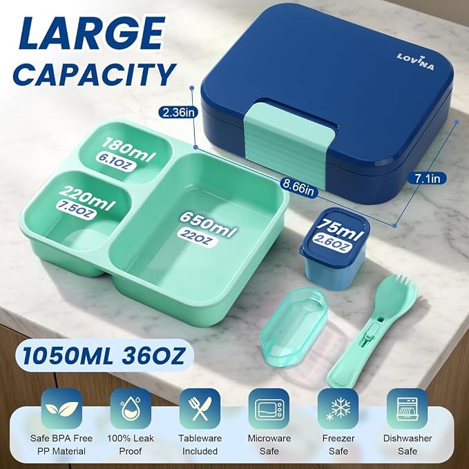 Bento Lunch Box Set For Kids Adult With Thermo Bag, BPA-Free, Leak-proof | 36 OZ Durable, All-In-One Lunch Box Kids Kit With DIY Stickers Sauce Cup, Dishwasher Safe(Blue)