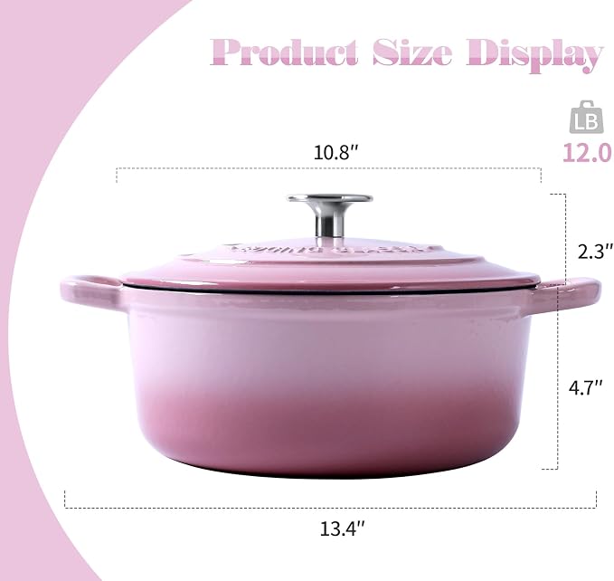EDGING CASTING Enameled Cast Iron Covered 5.5 Quart Dutch Oven with Dual Handle, Dutch Ovens with Lid for Bread Baking, Pink