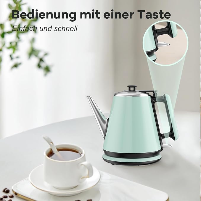 Small Gooseneck Electric Kettle 0.9L, 1000W, Pour Over, Green | 304 Stainless Steel BPA Free, Fast Boiling, Vintage Design, Auto Shut-Off, Dry Boil Protection, For Dorm Office Tea Coffee