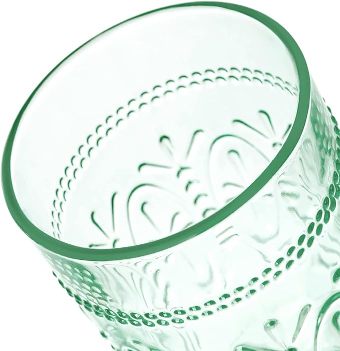 Colored Vintage Drinking Glasses Set of 4, 15.5 oz Romantic Embossed Water Glasses, Colored Tumblers Tempered Glass for Juice, Beverages, Beer, Cocktail (Green)