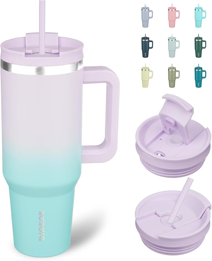 BJPKPK 40 oz Insulated Tumbler with Handle & Straw, Stainless Steel | Double Wall Vacuum Insulation, Leak Proof, BPA Free, Dishwasher Safe, Cupholder Friendly, Travel & Outdoor, Lavender Green