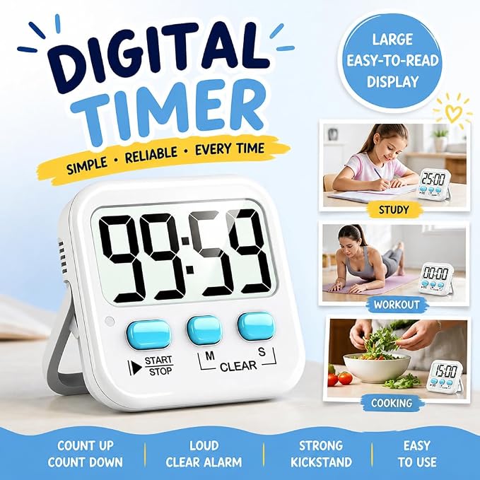 2 Pack Digital Timer for Kids Classroom Kitchen Timers for Cooking | w/ Battery, Easy to View, Alarm, Mute Mode, Count Down/Up, Magnetic, Kickstand, Hanging, Classroom Timer for Teacher Supplies